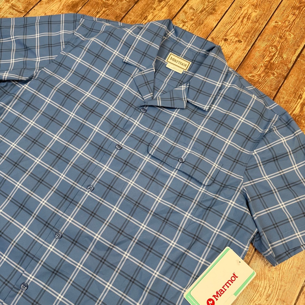 Marmot AirExchange Camp Novelty Shirt Mens Large Blue Plaid UPF 40 Short Sleeve